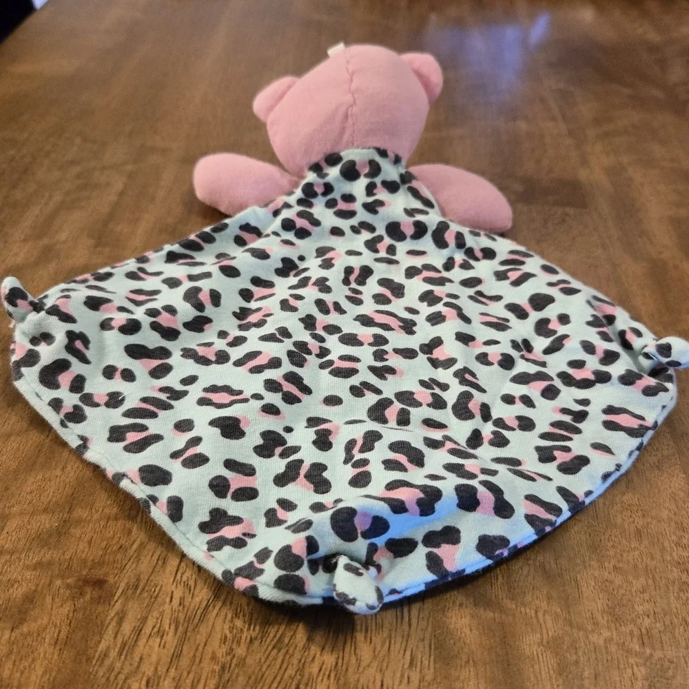 Sleep On It Pink Bear Lovey Security Blanket Blue Pink Leopard Print Knot Corner